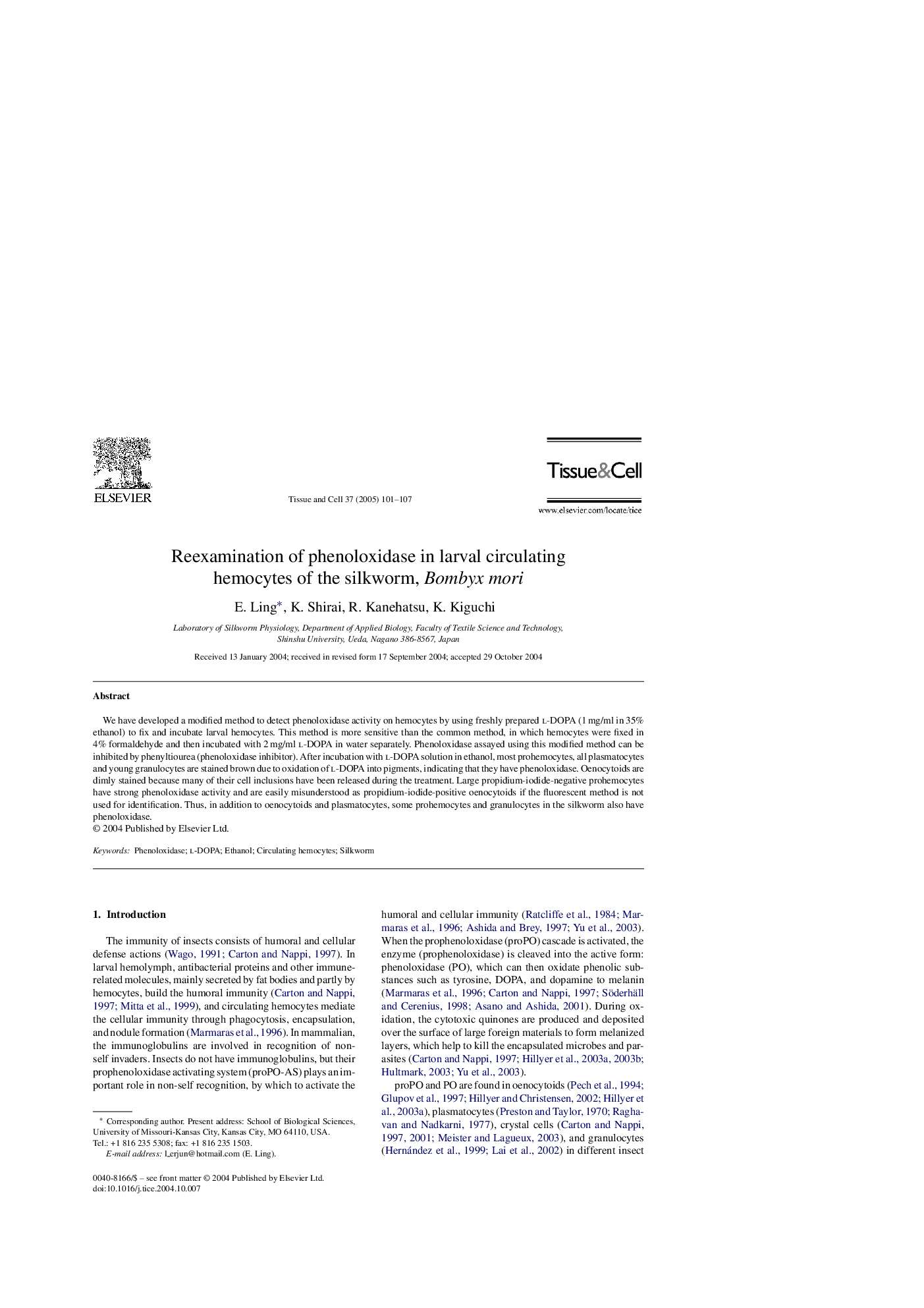 Reexamination of phenoloxidase in larval circulating hemocytes of the silkworm, Bombyx mori