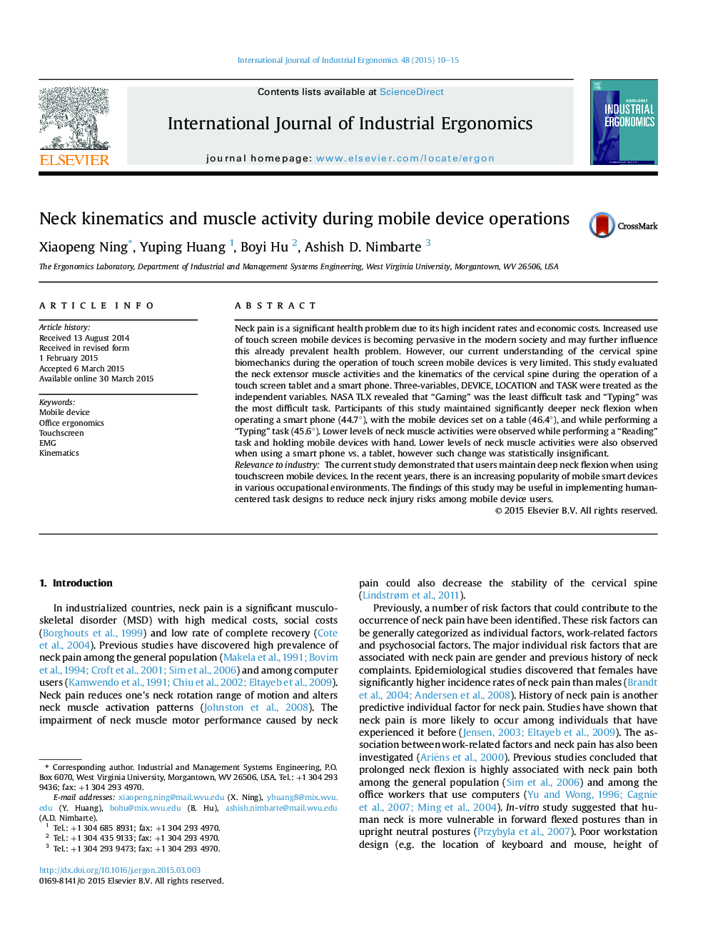 Neck kinematics and muscle activity during mobile device operations