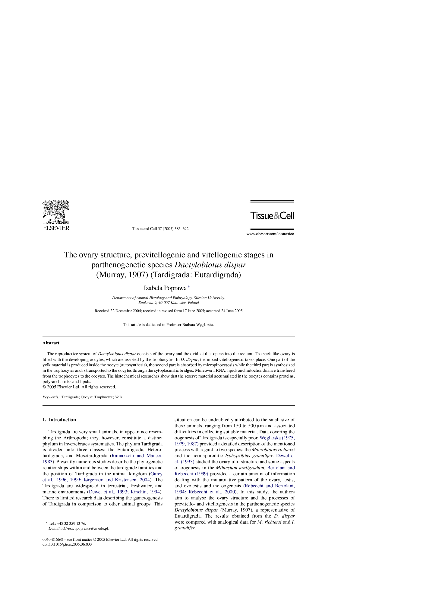 The ovary structure, previtellogenic and vitellogenic stages in parthenogenetic species Dactylobiotus dispar (Murray, 1907) (Tardigrada: Eutardigrada)