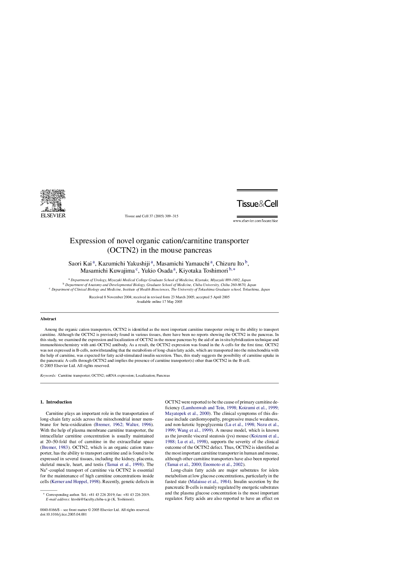 Expression of novel organic cation/carnitine transporter (OCTN2) in the mouse pancreas