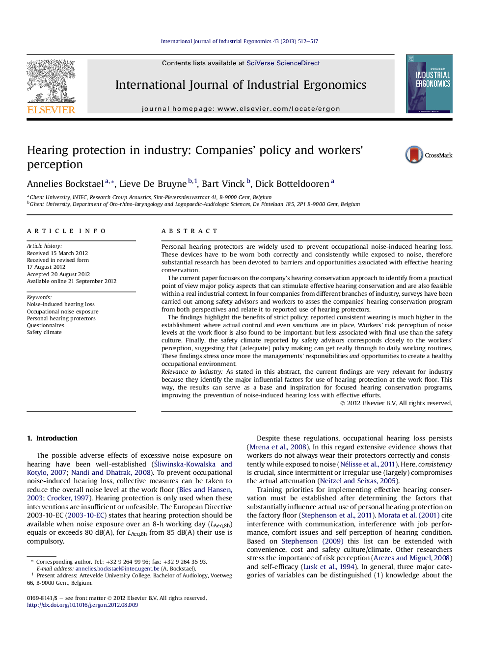 Hearing protection in industry: Companies' policy and workers' perception