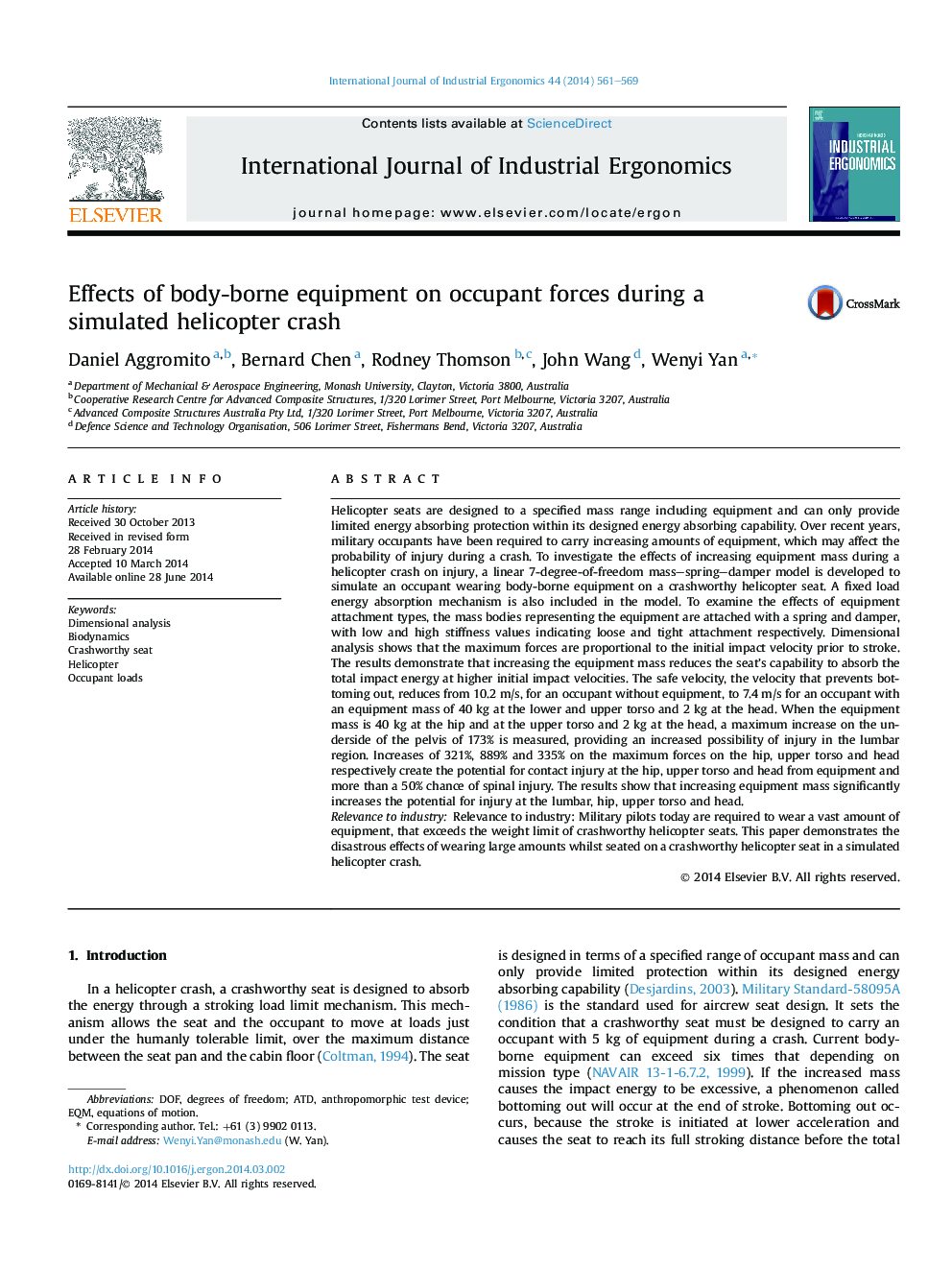 Effects of body-borne equipment on occupant forces during a simulated helicopter crash