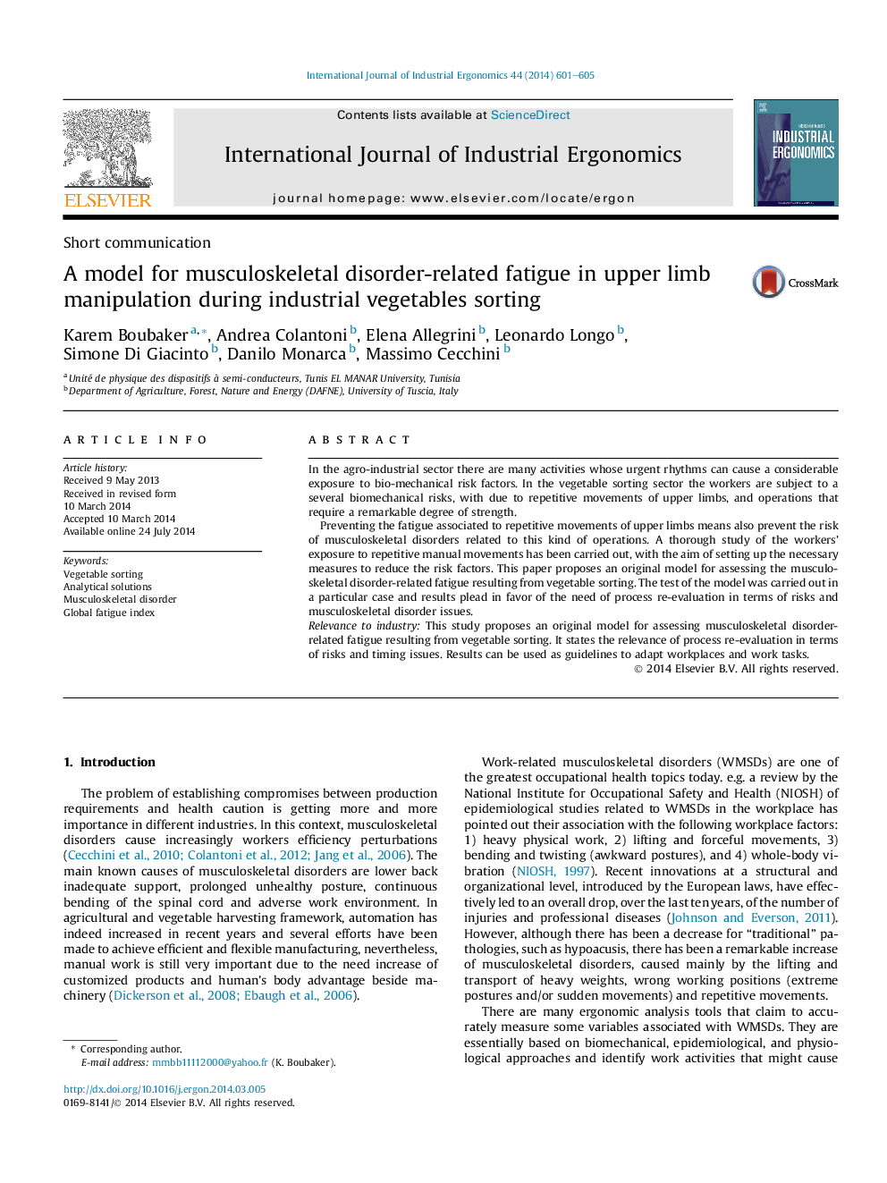 A model for musculoskeletal disorder-related fatigue in upper limb manipulation during industrial vegetables sorting