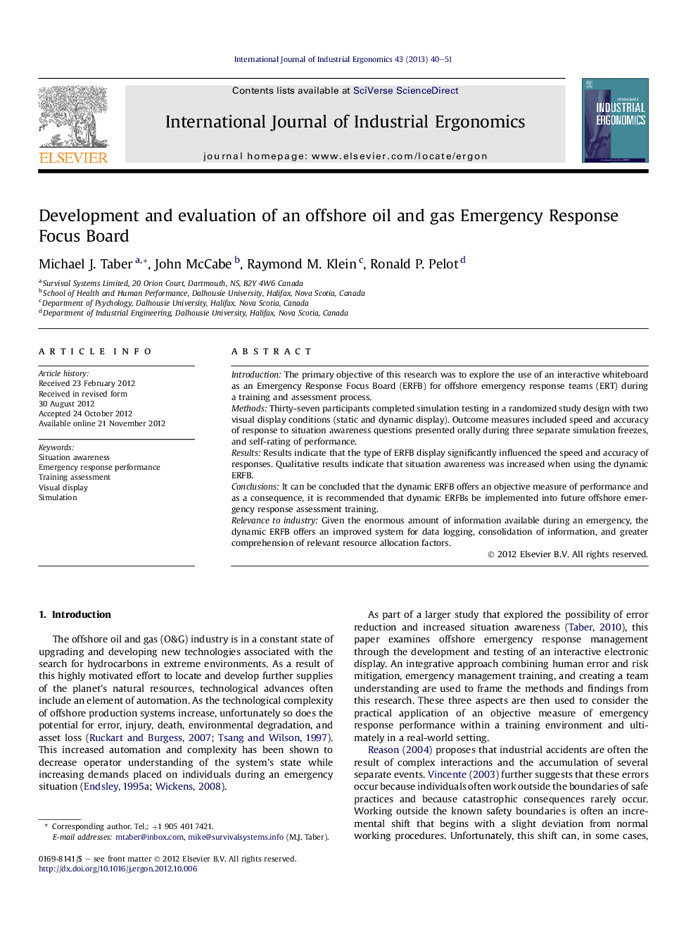 Development and evaluation of an offshore oil and gas Emergency Response Focus Board