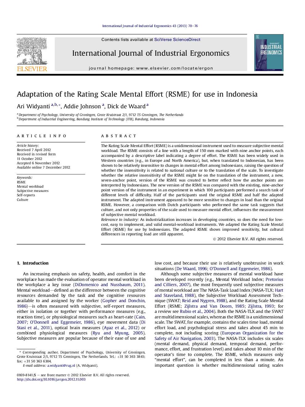 Adaptation of the Rating Scale Mental Effort (RSME) for use in Indonesia