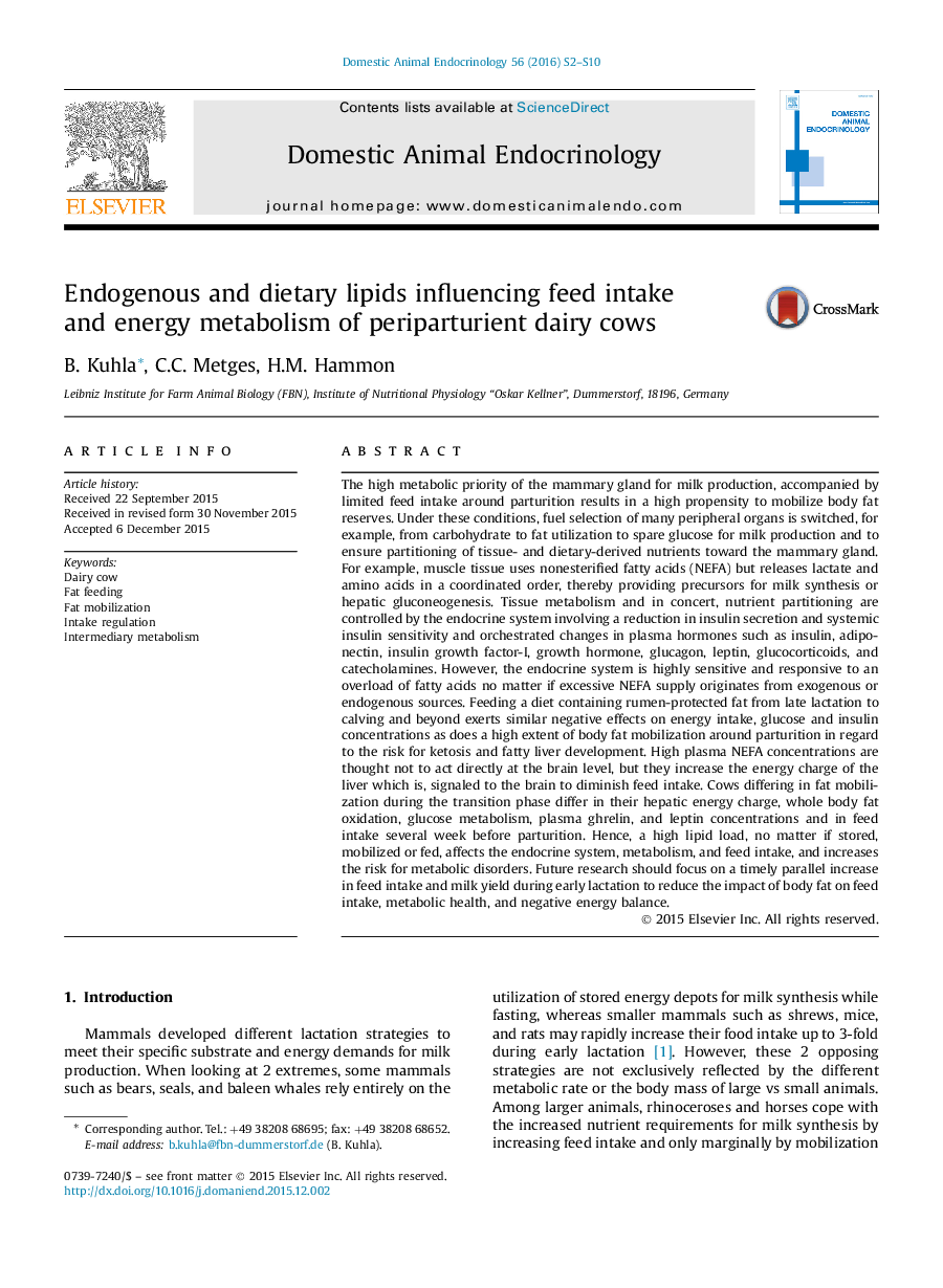 Endogenous and dietary lipids influencing feed intake andÂ energy metabolism of periparturient dairy cows