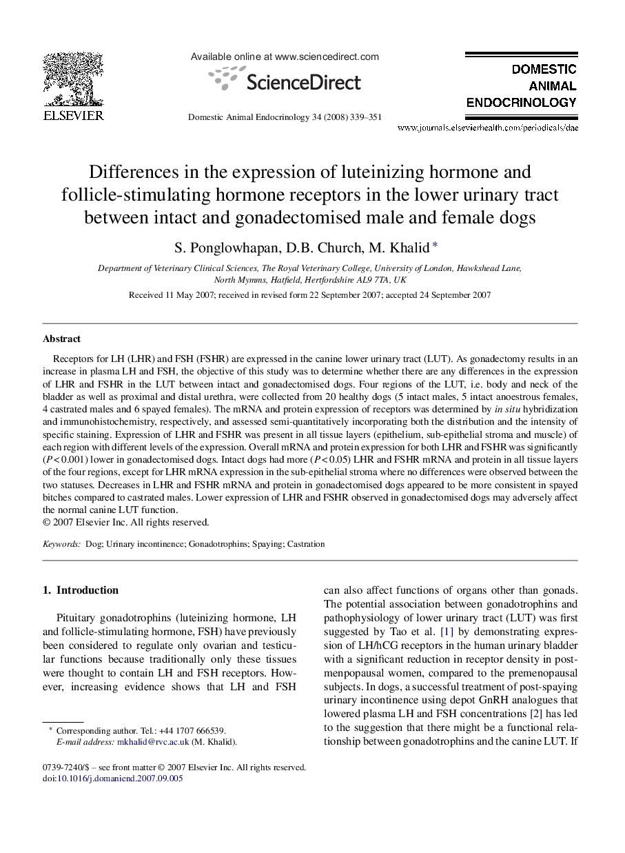 Differences in the expression of luteinizing hormone and follicle-stimulating hormone receptors in the lower urinary tract between intact and gonadectomised male and female dogs