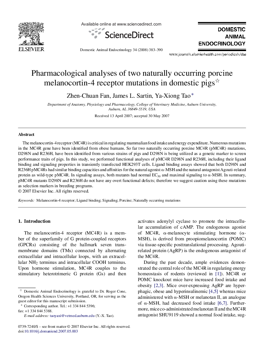 Pharmacological analyses of two naturally occurring porcine melanocortin-4 receptor mutations in domestic pigs