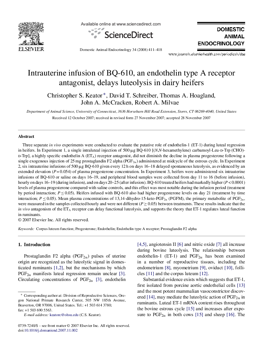 Intrauterine infusion of BQ-610, an endothelin type A receptor antagonist, delays luteolysis in dairy heifers