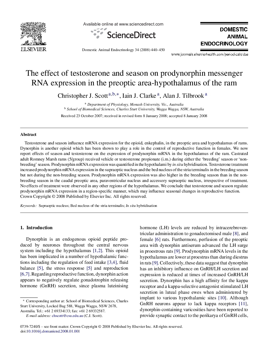 The effect of testosterone and season on prodynorphin messenger RNA expression in the preoptic area-hypothalamus of the ram