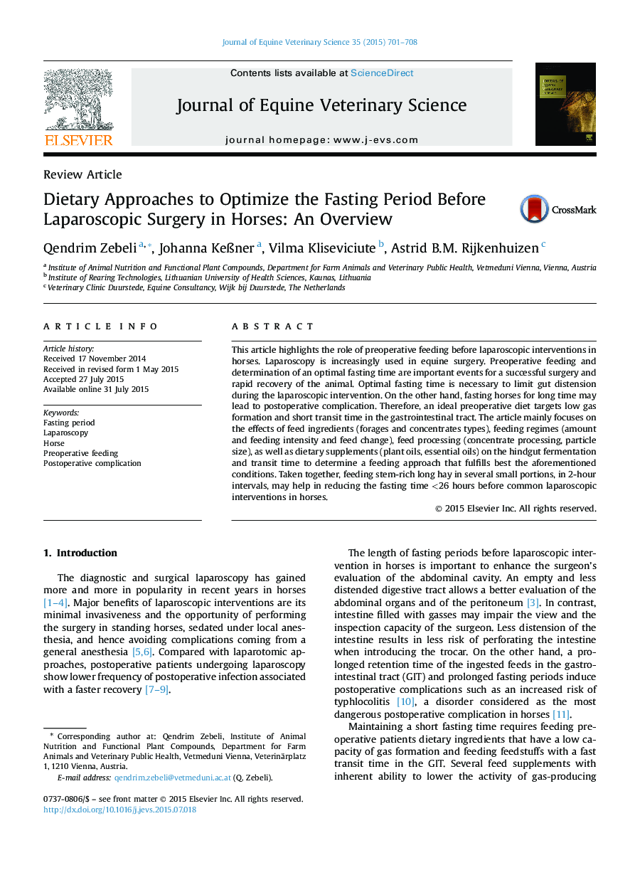 Dietary Approaches to Optimize the Fasting Period Before Laparoscopic Surgery in Horses: An Overview