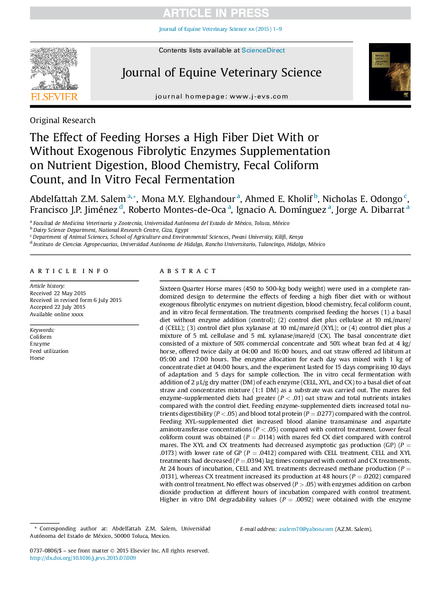 The Effect of Feeding Horses a High Fiber Diet With or Without Exogenous Fibrolytic Enzymes Supplementation on Nutrient Digestion, Blood Chemistry, Fecal Coliform Count, and InÂ Vitro Fecal Fermentation