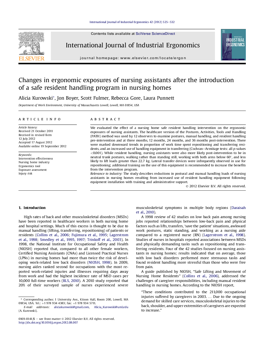 Changes in ergonomic exposures of nursing assistants after the introduction of a safe resident handling program in nursing homes