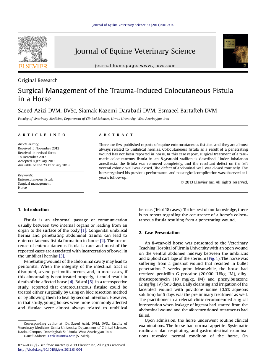 Surgical Management of the Trauma-Induced Colocutaneous Fistula in a Horse