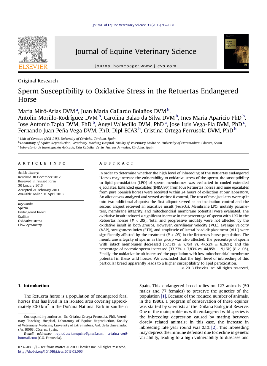 Sperm Susceptibility to Oxidative Stress in the Retuertas Endangered Horse