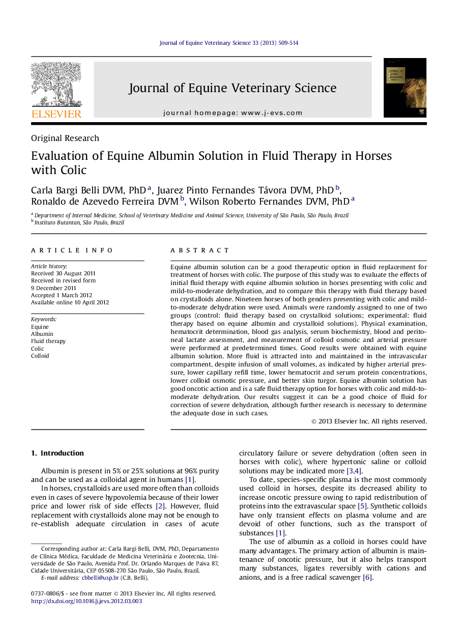 Evaluation of Equine Albumin Solution in Fluid Therapy in Horses with Colic