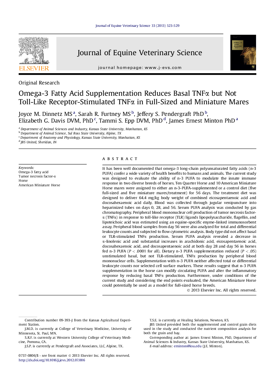 Omega-3 Fatty Acid Supplementation Reduces Basal TNFÎ± but Not Toll-Like Receptor-Stimulated TNFÎ± in Full-Sized and Miniature Mares