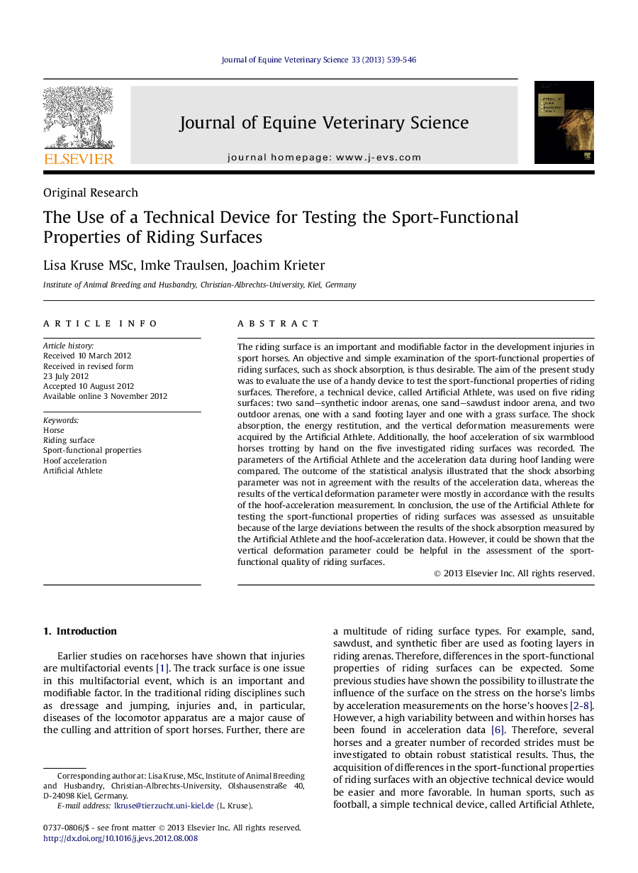 The Use of a Technical Device for Testing the Sport-Functional Properties of Riding Surfaces