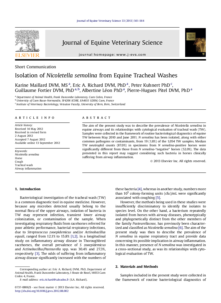 Isolation of Nicoletella semolina from Equine Tracheal Washes