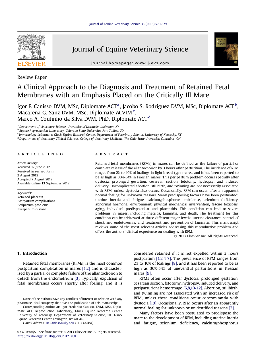 A Clinical Approach to the Diagnosis and Treatment of Retained Fetal Membranes with an Emphasis Placed on the Critically Ill Mare