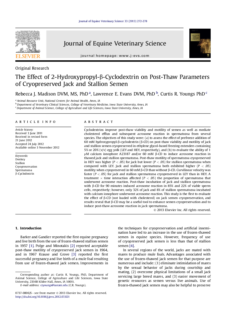 The Effect of 2-Hydroxypropyl-Î²-Cyclodextrin on Post-Thaw Parameters of Cryopreserved Jack and Stallion Semen