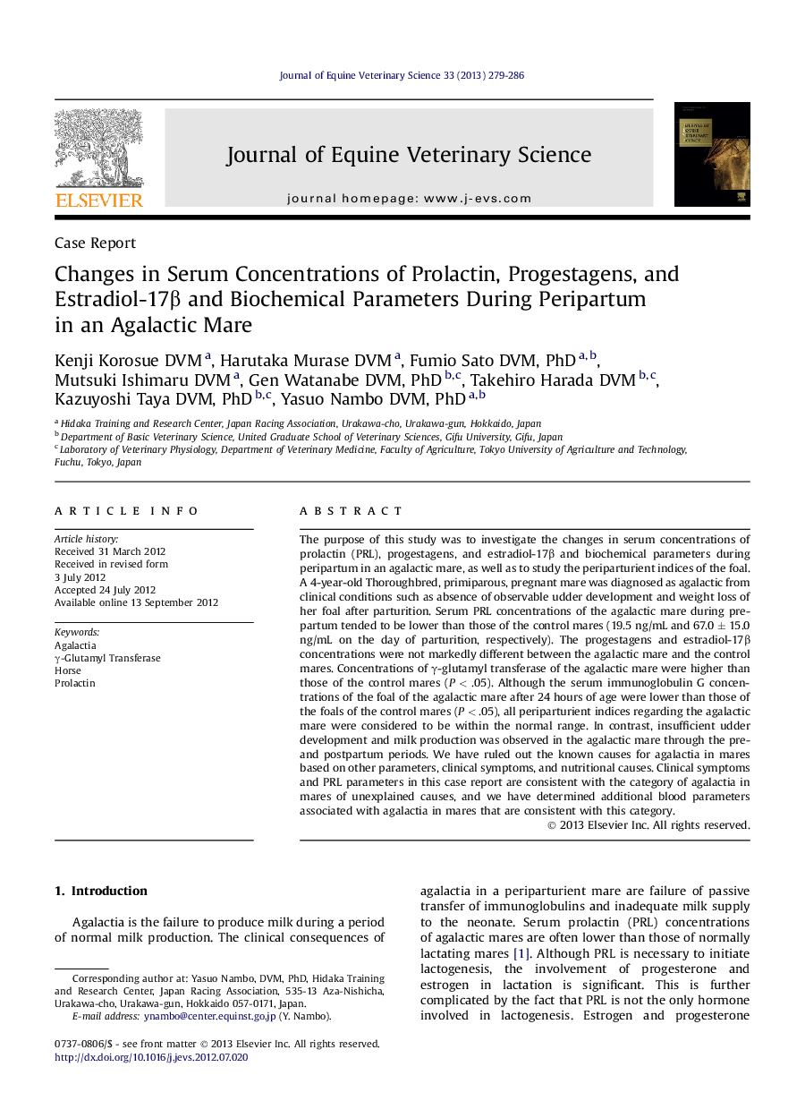 Changes in Serum Concentrations of Prolactin, Progestagens, and Estradiol-17Î² and Biochemical Parameters During Peripartum in an Agalactic Mare