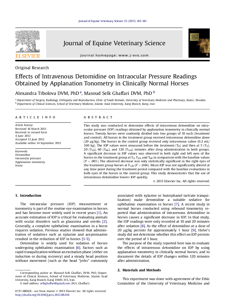 Effects of Intravenous Detomidine on Intraocular Pressure Readings Obtained by Applanation Tonometry in Clinically Normal Horses