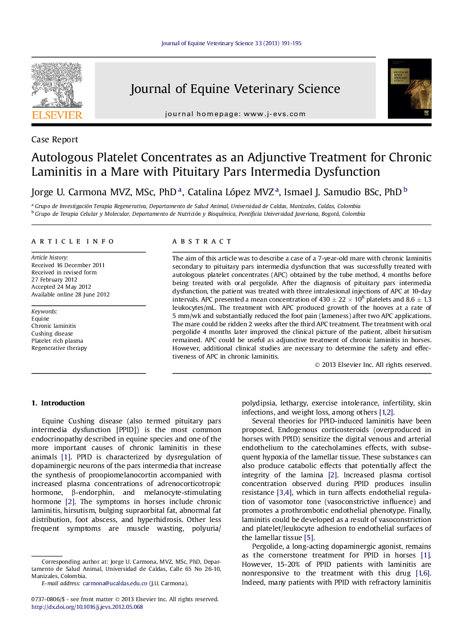 Autologous Platelet Concentrates as an Adjunctive Treatment for Chronic Laminitis in a Mare with Pituitary Pars Intermedia Dysfunction