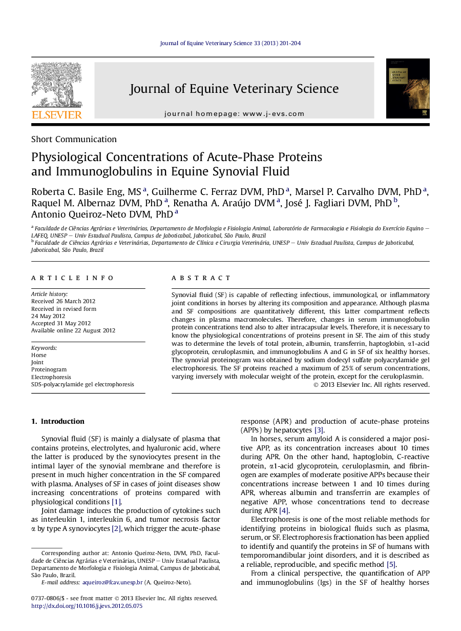 Physiological Concentrations of Acute-Phase Proteins and Immunoglobulins in Equine Synovial Fluid