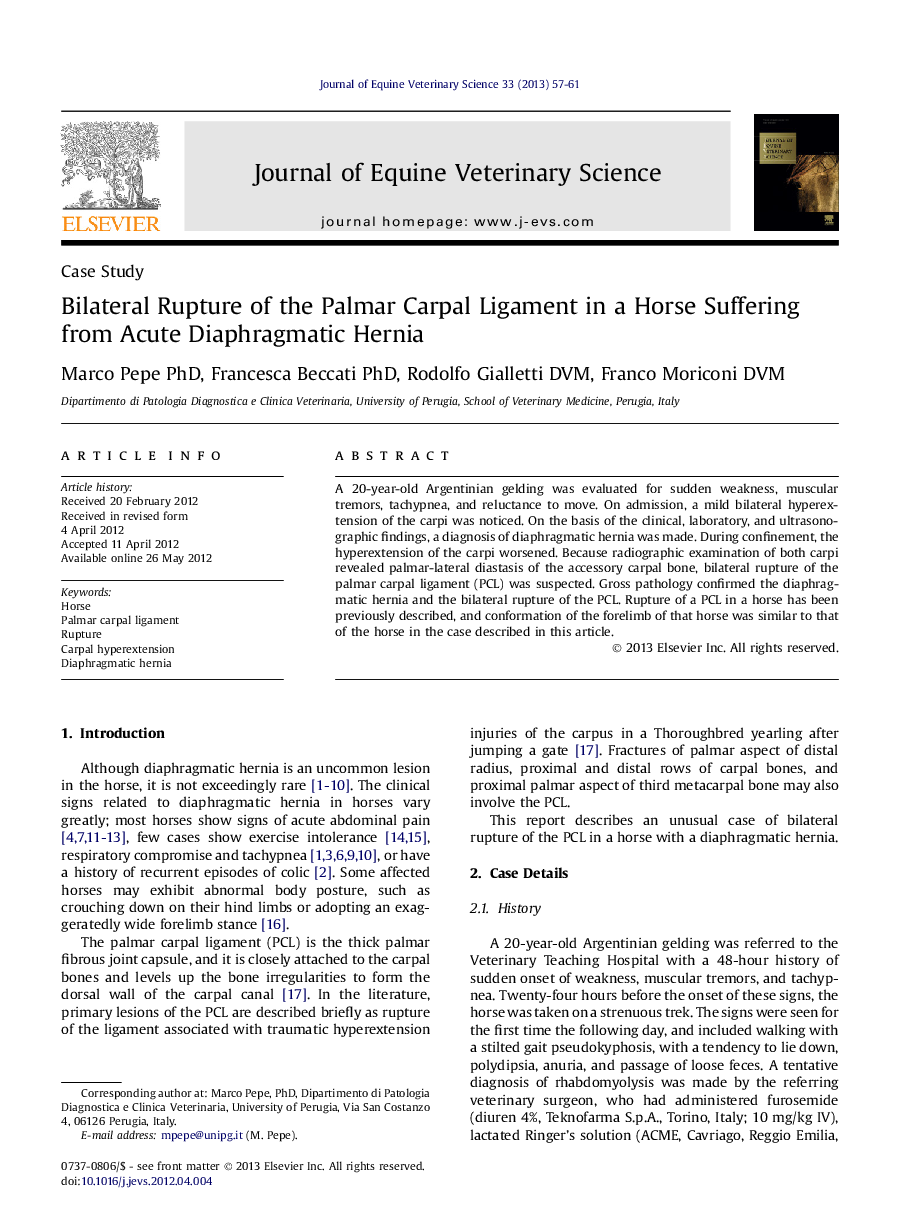 Bilateral Rupture of the Palmar Carpal Ligament in a Horse Suffering from Acute Diaphragmatic Hernia