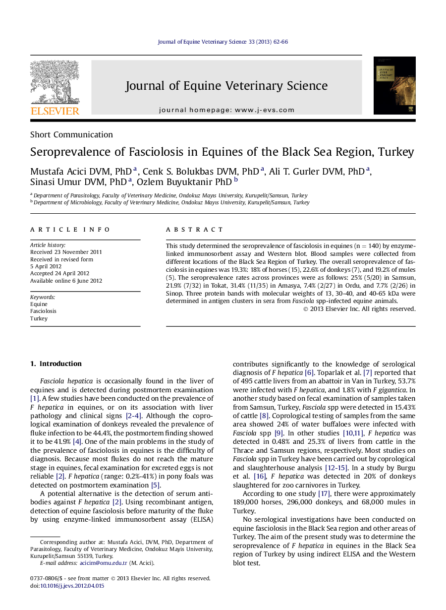 Seroprevalence of Fasciolosis in Equines of the Black Sea Region, Turkey