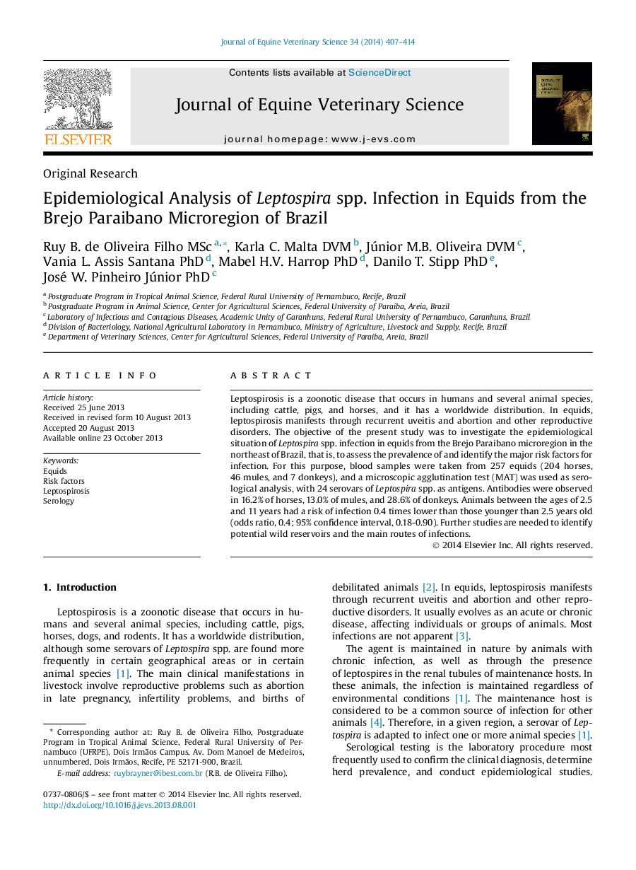 Epidemiological Analysis of Leptospira spp. Infection in Equids from the Brejo Paraibano Microregion of Brazil