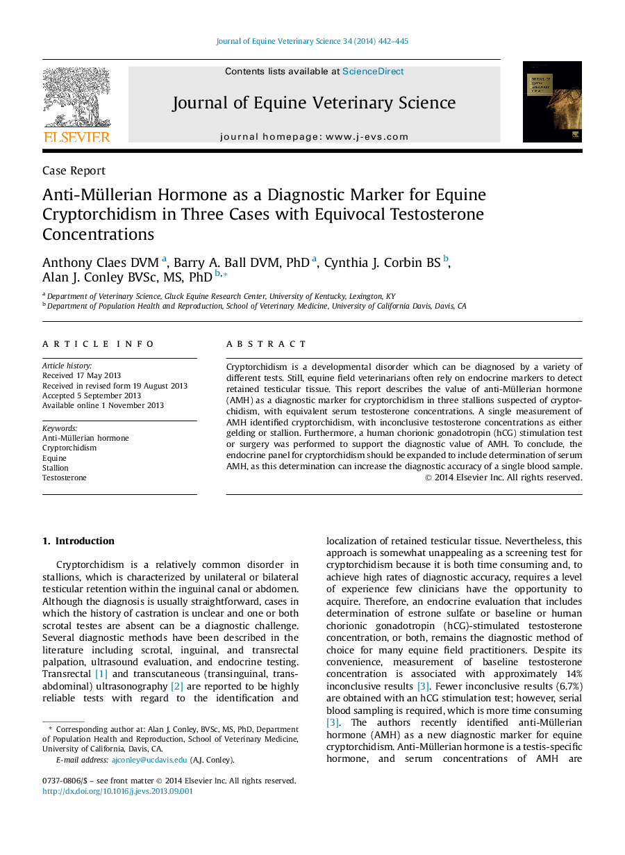 Anti-Müllerian Hormone as a Diagnostic Marker for Equine Cryptorchidism in Three Cases with Equivocal Testosterone Concentrations