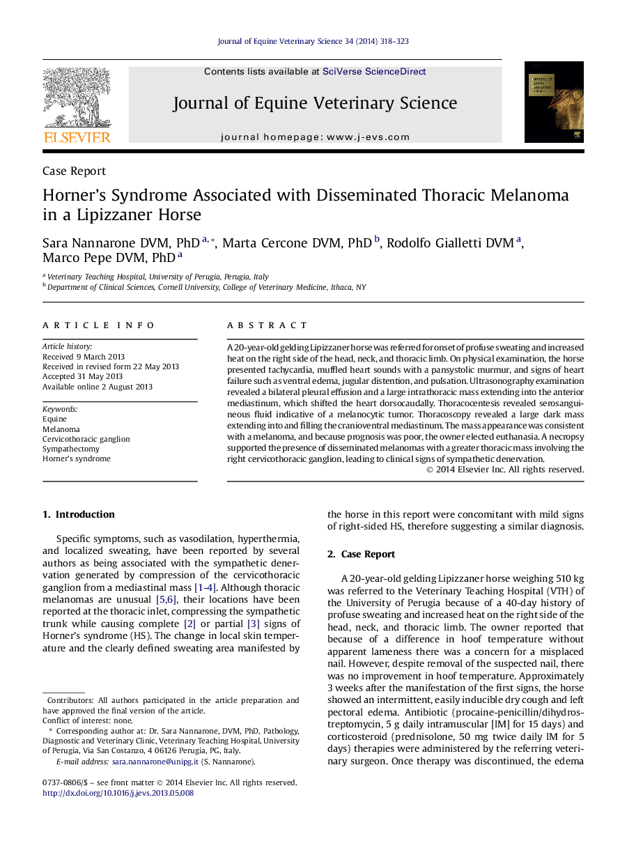 Horner's Syndrome Associated with Disseminated Thoracic Melanoma inÂ a Lipizzaner Horse