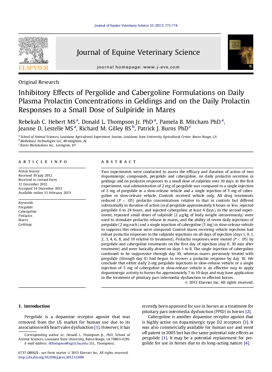 Inhibitory Effects of Pergolide and Cabergoline Formulations on Daily Plasma Prolactin Concentrations in Geldings and on the Daily Prolactin Responses to a Small Dose of Sulpiride in Mares