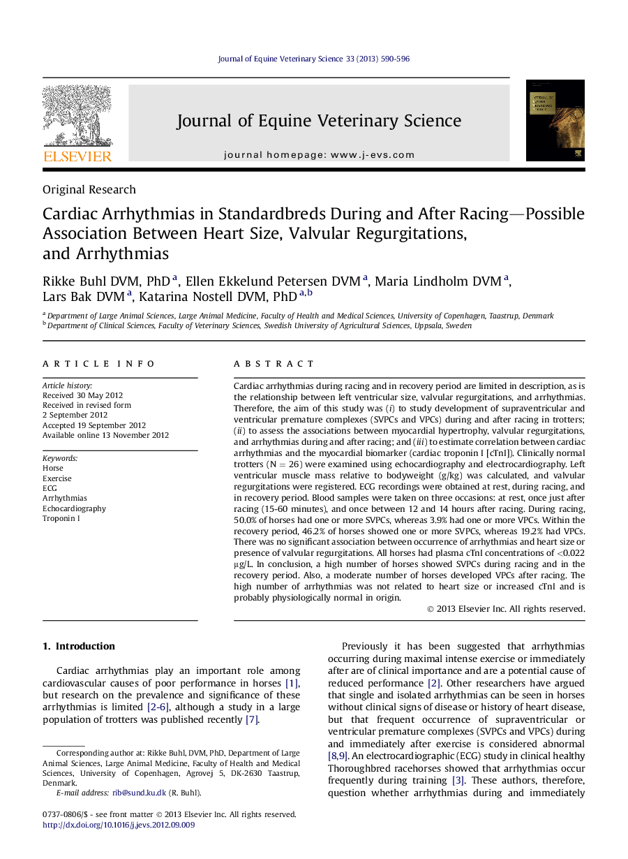 Cardiac Arrhythmias in Standardbreds During and After Racing-Possible Association Between Heart Size, Valvular Regurgitations, and Arrhythmias