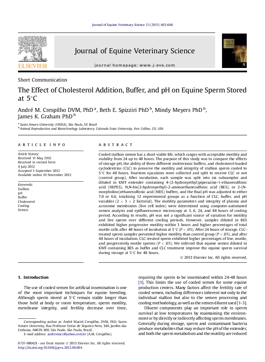 The Effect of Cholesterol Addition, Buffer, and pH on Equine Sperm Stored at 5Â°C