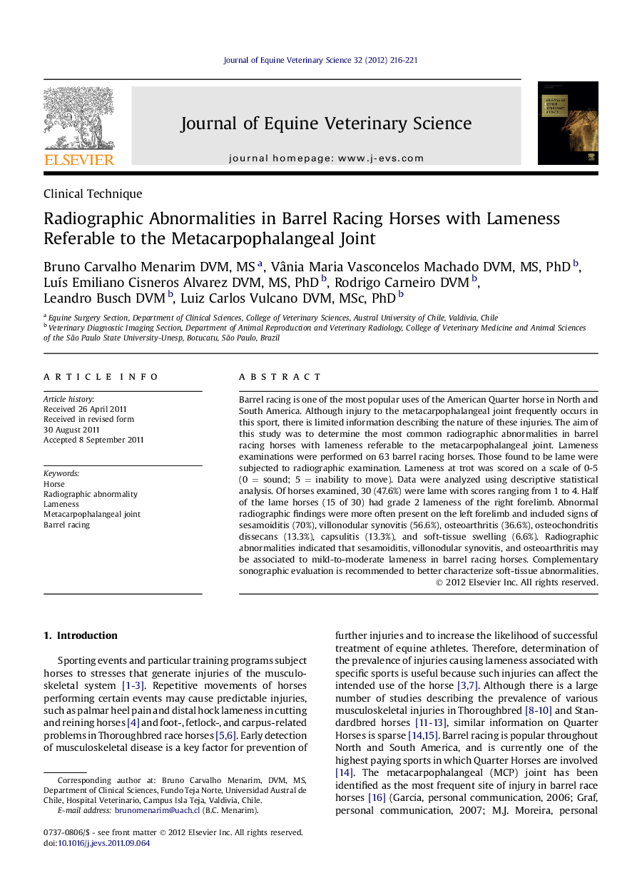 عکس صفحه اول مقاله: Radiographic Abnormalities in Barrel Racing Horses with Lameness Referable to the Metacarpophalangeal Joint Radiographic Abnormalities in Barrel Racing Horses with Lameness Referable to the Metacarpophalangeal Joint