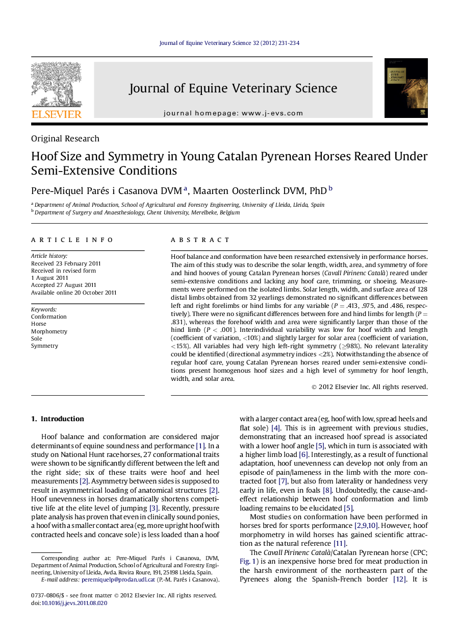 Hoof Size and Symmetry in Young Catalan Pyrenean Horses Reared Under Semi-Extensive Conditions