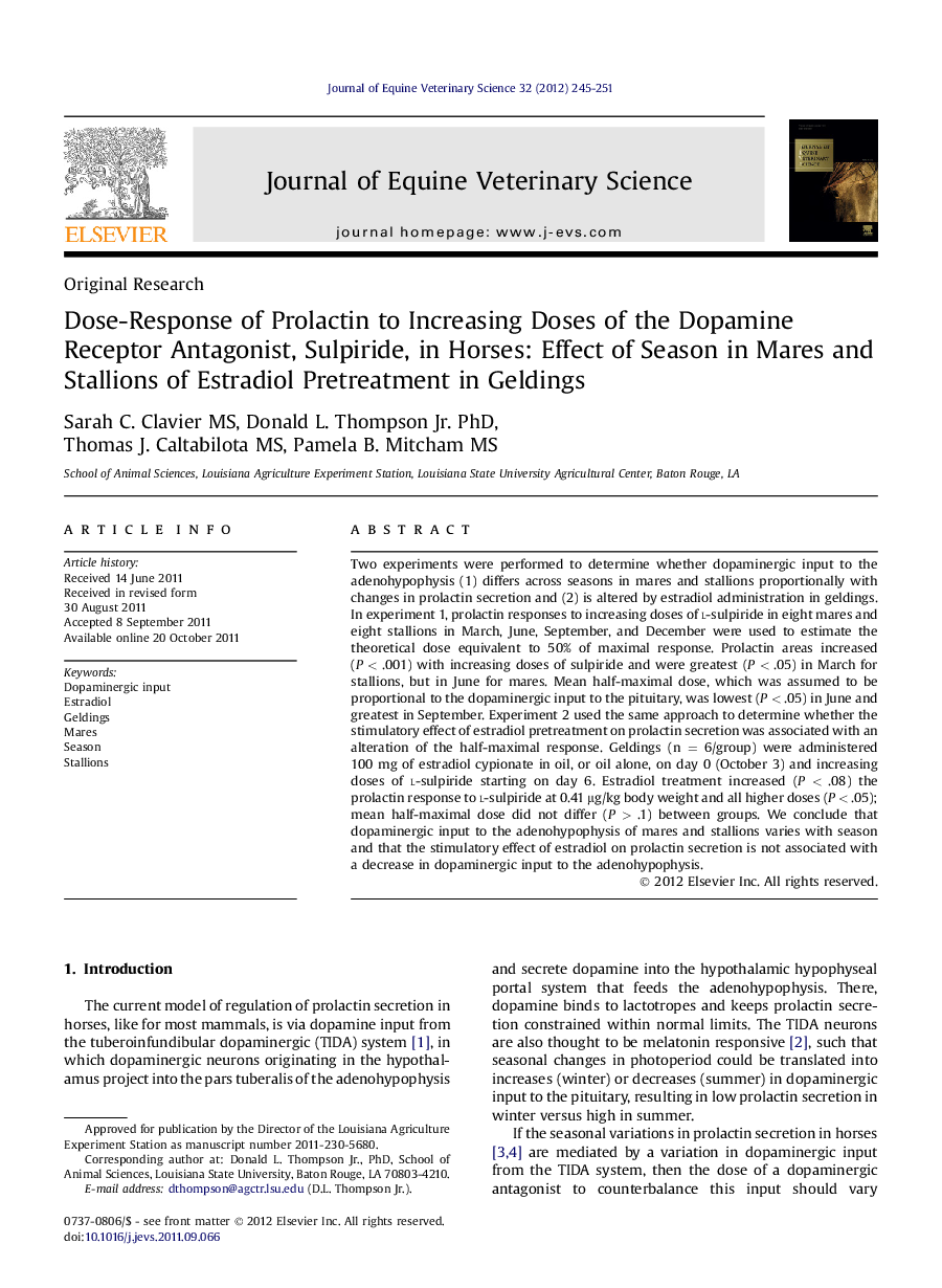 Dose-Response of Prolactin to Increasing Doses of the Dopamine Receptor Antagonist, Sulpiride, in Horses: Effect of Season in Mares and Stallions of Estradiol Pretreatment in Geldings