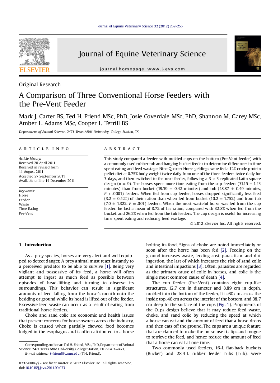 A Comparison of Three Conventional Horse Feeders with the Pre-Vent Feeder