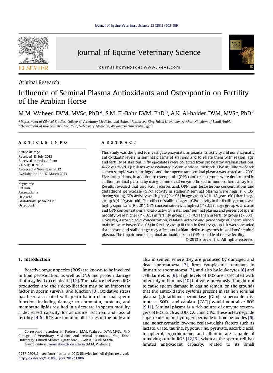 Influence of Seminal Plasma Antioxidants and Osteopontin on Fertility ofÂ the Arabian Horse