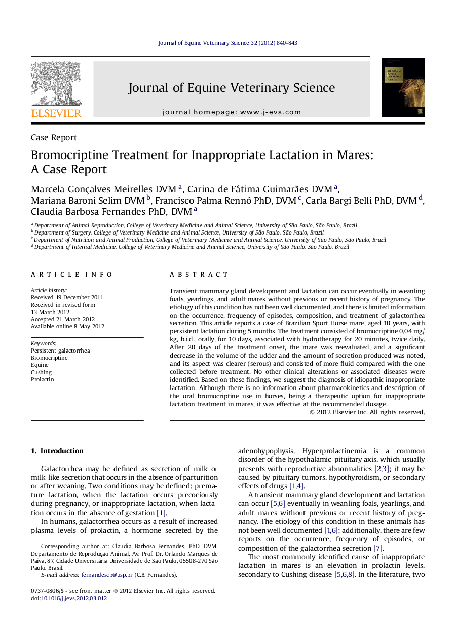 Bromocriptine Treatment for Inappropriate Lactation in Mares: A Case Report