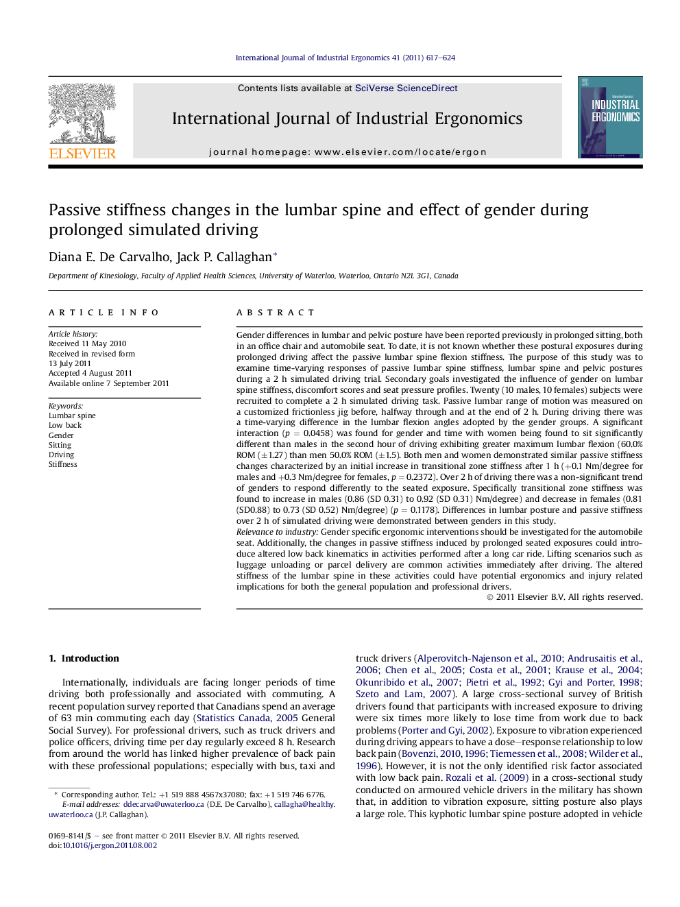 Passive stiffness changes in the lumbar spine and effect of gender during prolonged simulated driving