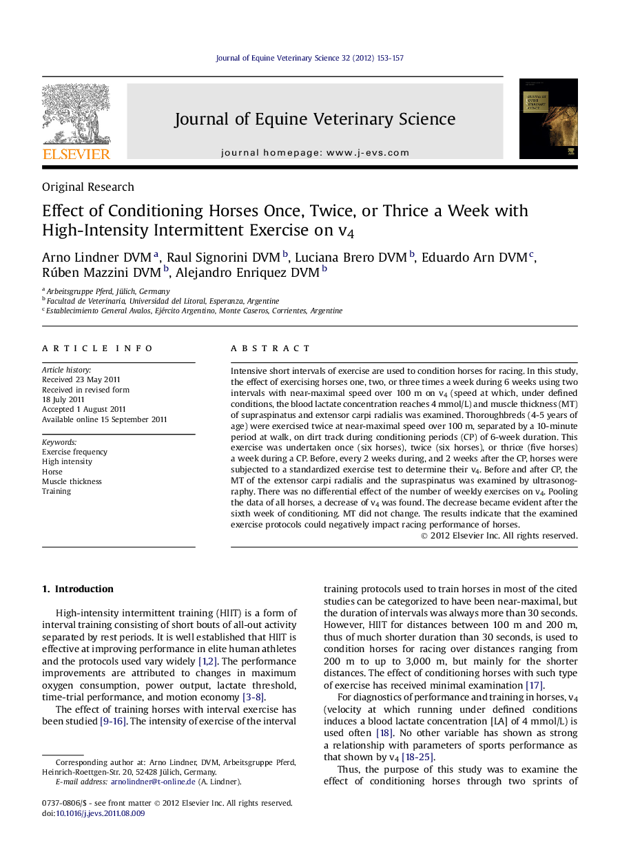 Effect of Conditioning Horses Once, Twice, or Thrice a Week with High-Intensity Intermittent Exercise on v4