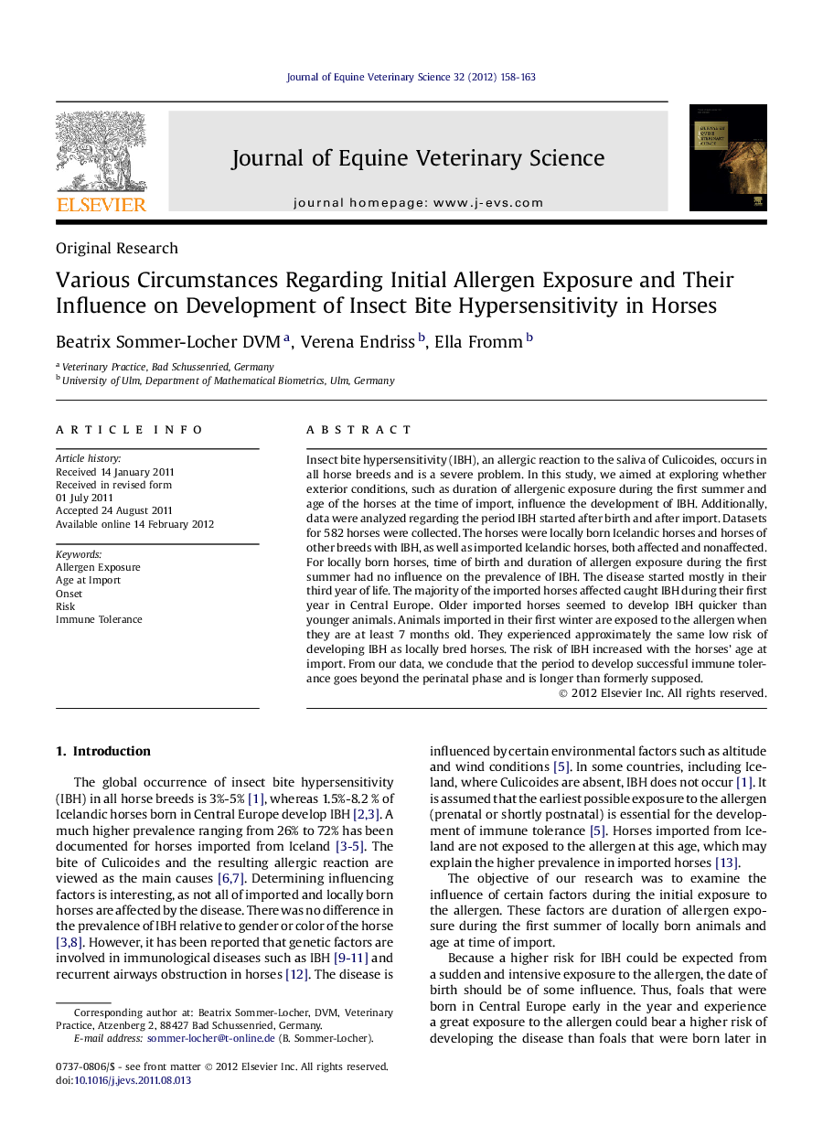 Various Circumstances Regarding Initial Allergen Exposure and Their Influence on Development of Insect Bite Hypersensitivity in Horses