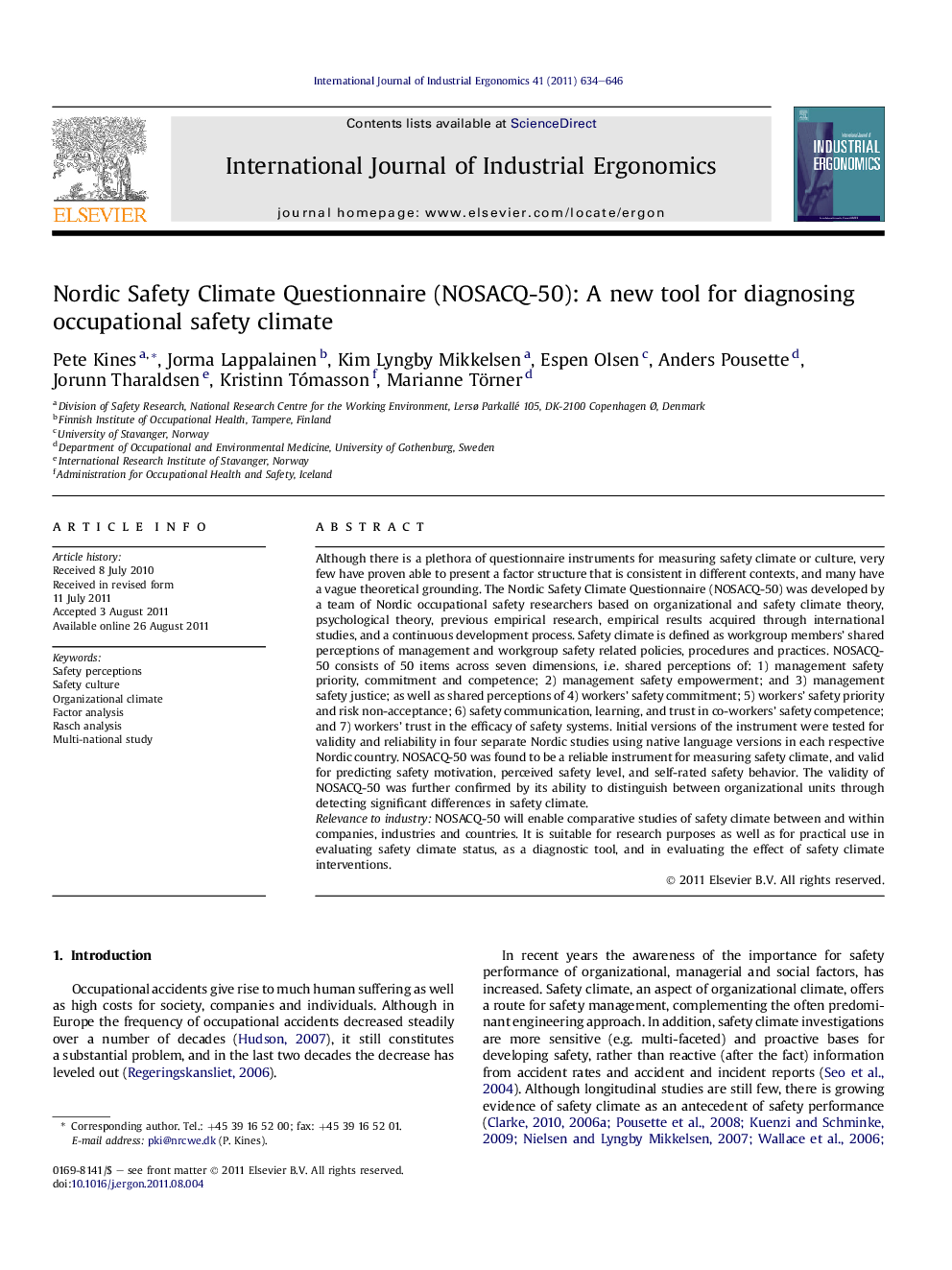 Nordic Safety Climate Questionnaire (NOSACQ-50): A new tool for diagnosing occupational safety climate