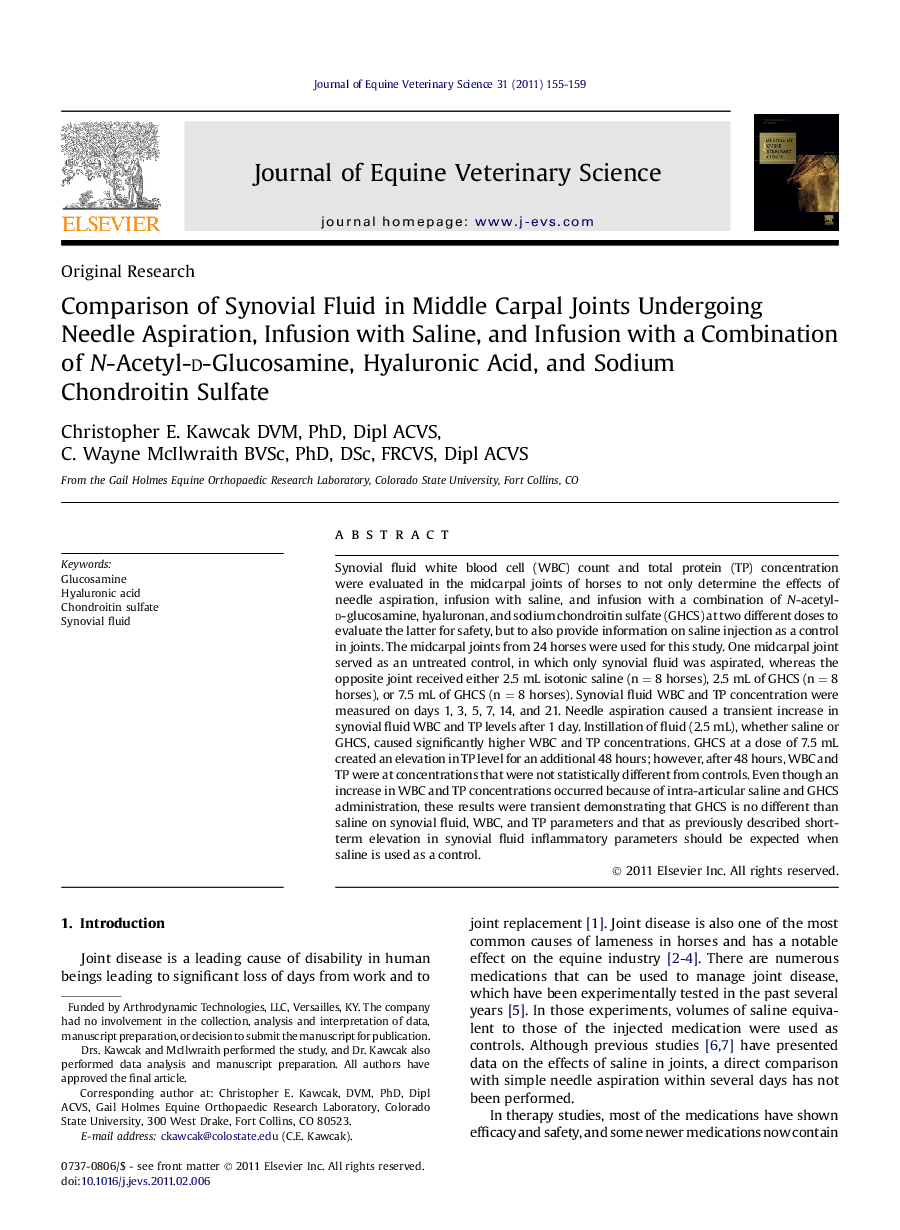 Comparison of Synovial Fluid in Middle Carpal Joints Undergoing Needle Aspiration, Infusion with Saline, and Infusion with a Combination of N-Acetyl-d-Glucosamine, Hyaluronic Acid, and Sodium Chondroitin Sulfate