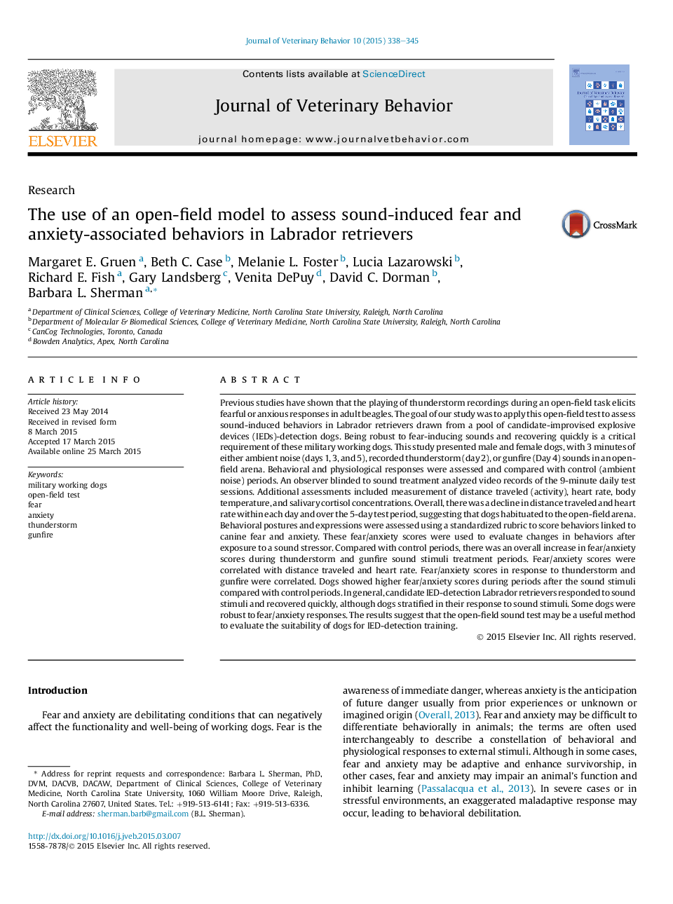 The use of an open-field model to assess sound-induced fear and anxiety-associated behaviors in Labrador retrievers