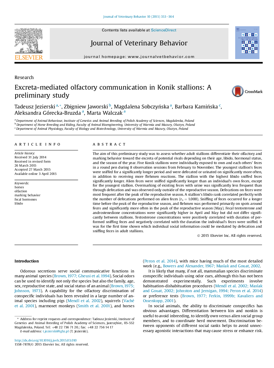 Excreta-mediated olfactory communication in Konik stallions: A preliminary study